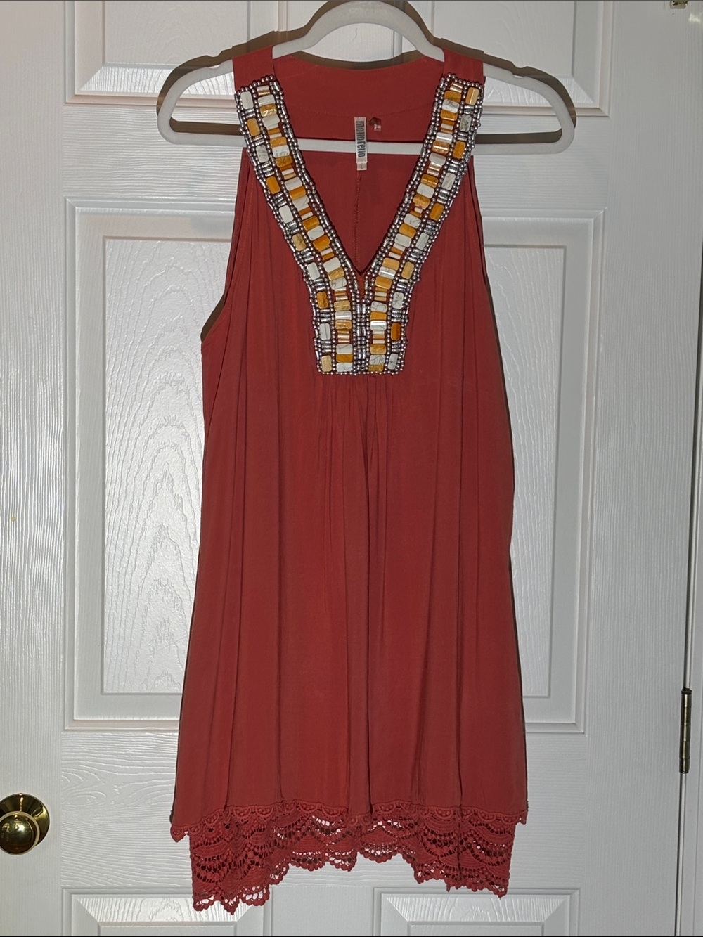 Monoreno Rust Mini Dress with Beaded V-Neck
